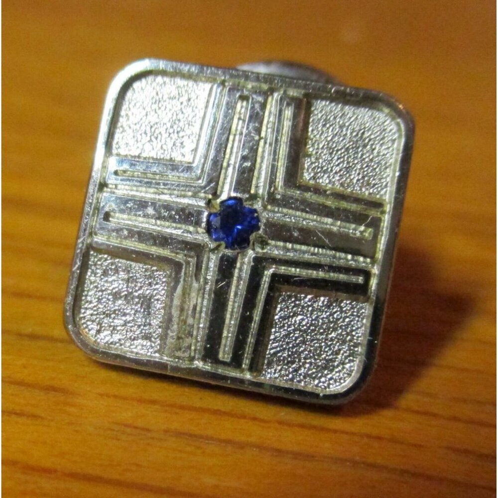 True Vintage Estate Tie Tack Silver-Toned Square Pin Blue Gem Center Cross 1950s